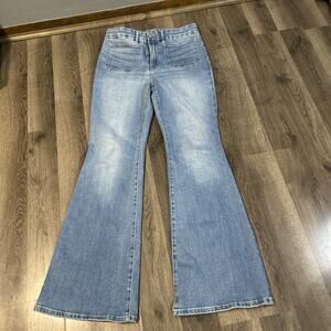 GOOD AMERICAN Good Legs Flare Jeans Indigo Womens Size 10/30 Patchwork Pocket